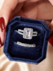 AIHUASI 2pcs/Set Vintage 925 Sterling Silver 7*9mm Emerald Cut High Cubic  Wedding Engagement Ring Set For Women Bridal's Fine Jewelry Valentines Gift - Silver - View 10