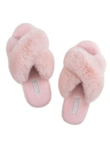 Valentines Women's Fluffy Cross Strap Bedroom Slippers With Memory Foam, Ladies Open Toe Slip On House Fuzzy Shoes Indoor Outdoor - 粉色 - 查看 2