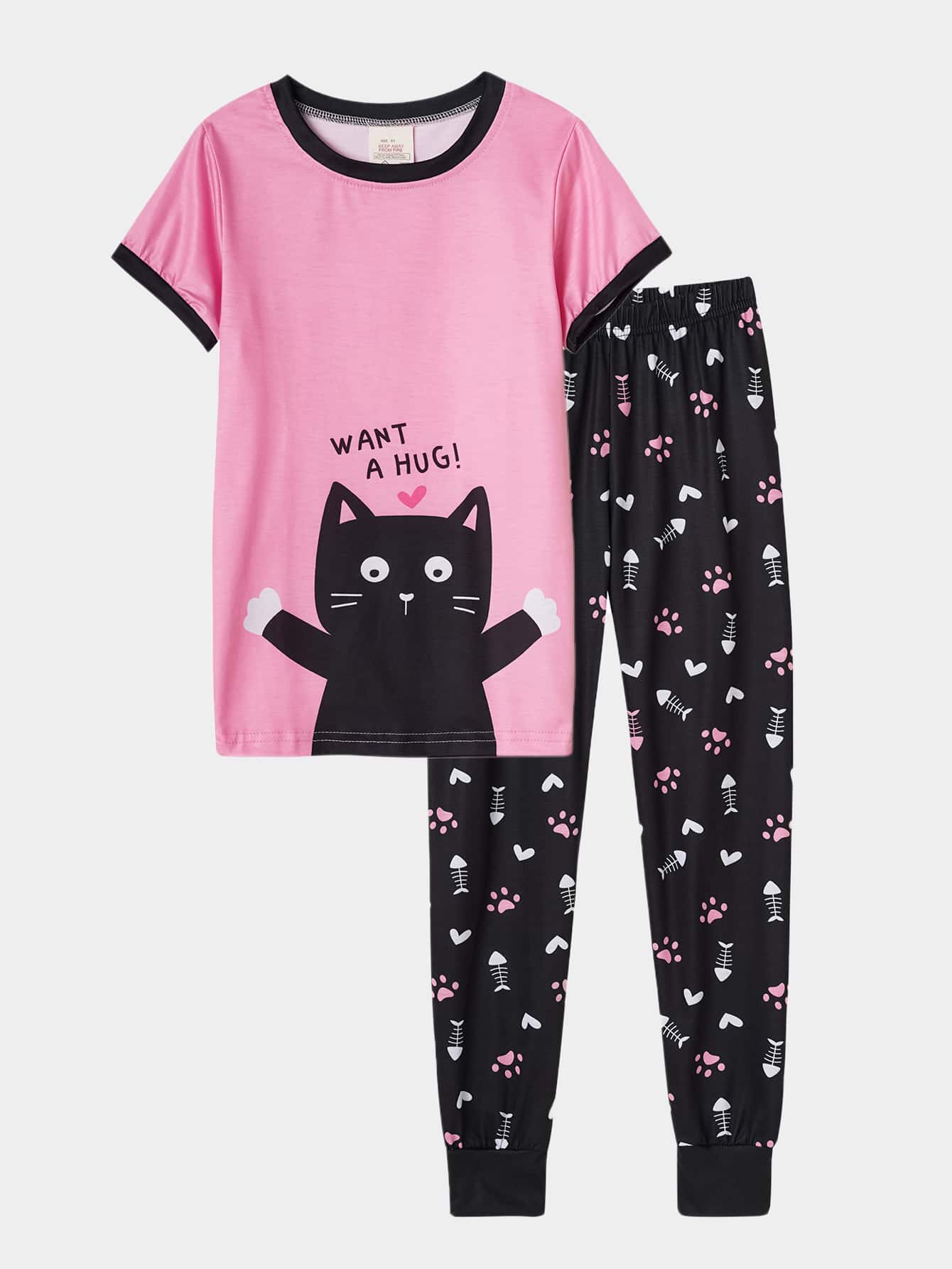 2pcs Tween Girl Cute Cat Pattern Short Sleeve & Long Pants Sleepwear