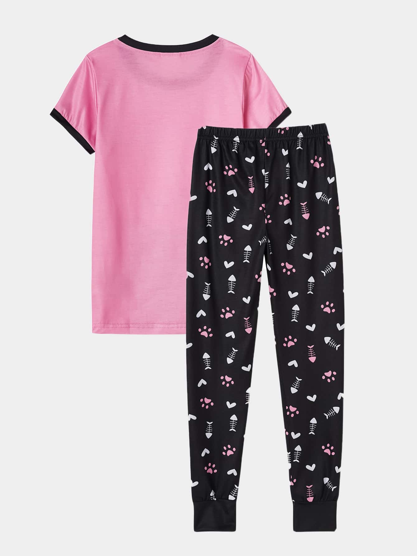 2pcs Tween Girl Cute Cat Pattern Short Sleeve & Long Pants Sleepwear