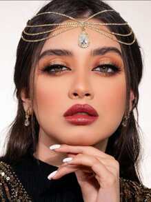 1pc Fashionable Glittery Rhinestone & Crystal Water Drop Tassel Maang Tikka For Women