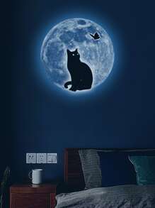 1入組貓和月亮夜光牆貼PVC防水自黏式臥室裝飾牆紙 - 藍色 - 查看 1
