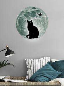 1入組貓和月亮夜光牆貼PVC防水自黏式臥室裝飾牆紙 - 藍色 - 查看 2
