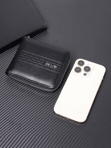 DE LI BI Men's Short Black Business Wallet With Letter Print, Portable With Zipper - Black - View 3