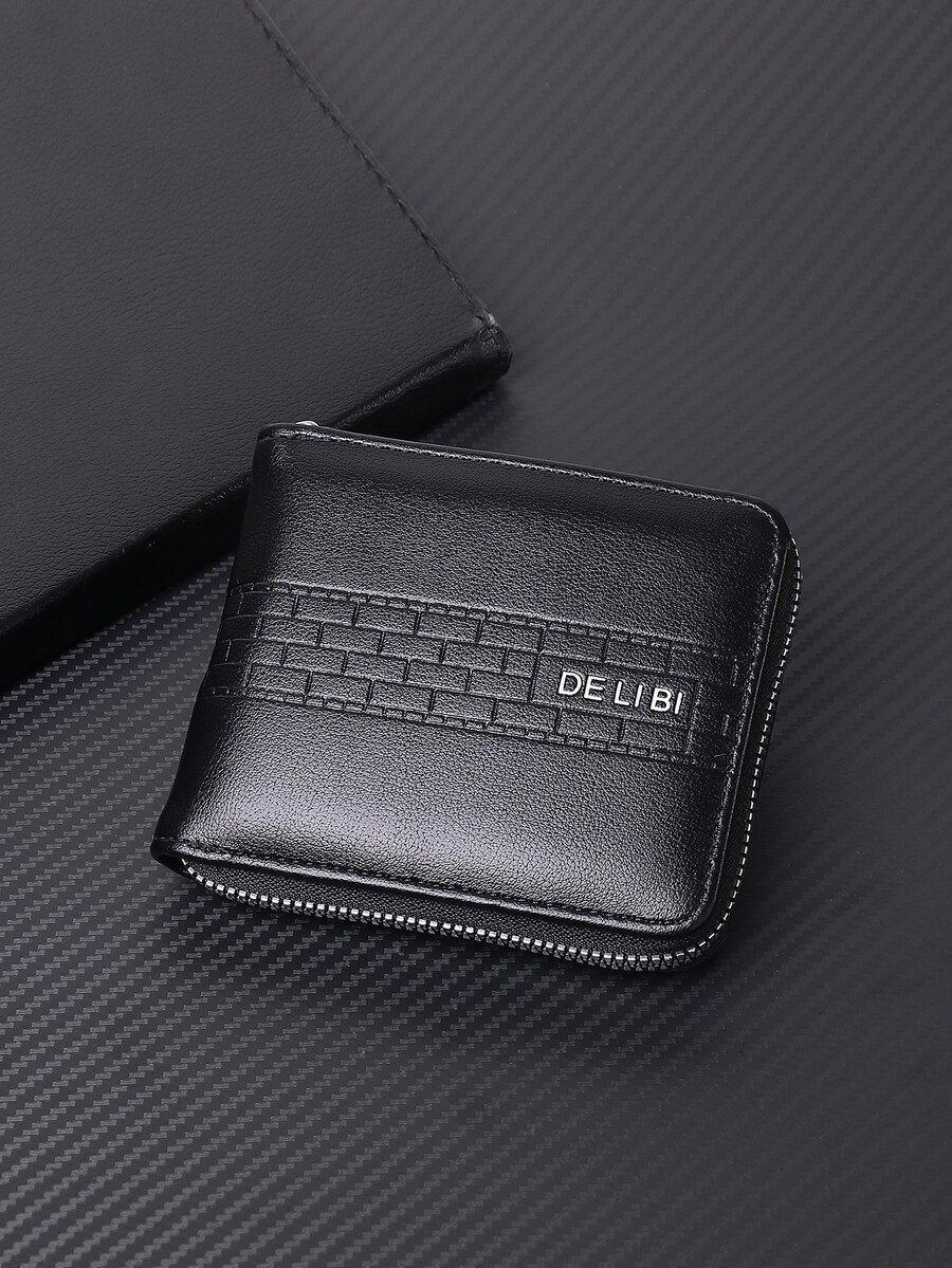 DE LI BI Men's Short Black Business Wallet With Letter Print, Portable With Zipper - Black - View 1