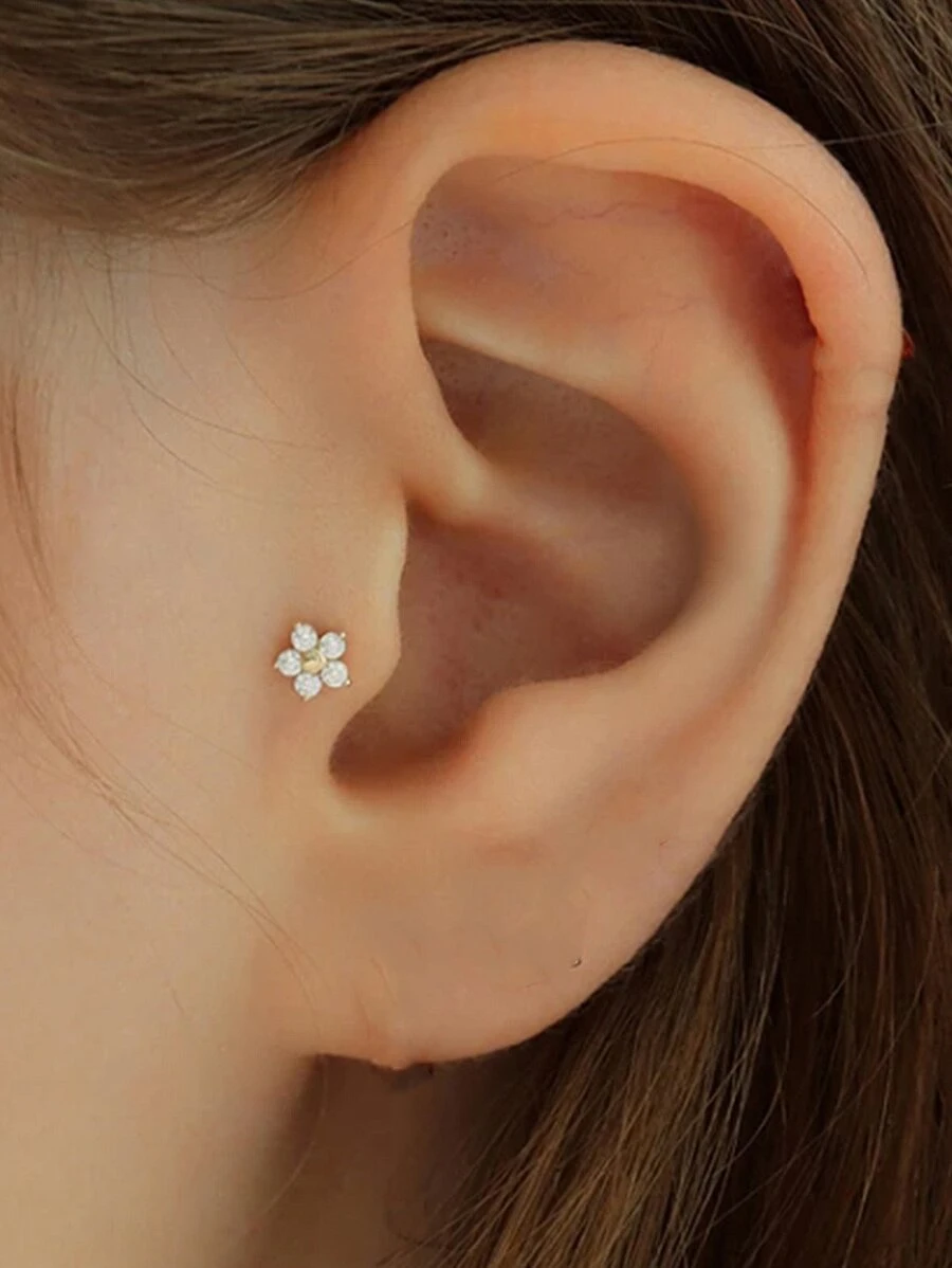 SereneSpark 1pc Star Flower 925 Sterling Silver Stud Earrings Flat Back Piercing For Women Cartilage Fine Jewelry Wedding Party Anniversary Valentines