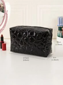 1 pieza Bolsa de maquillaje de cuero sintético negro con brillo con forma de corazón, neceser, neceser de maquillaje, esencial de viaje - Negro - Ver 5