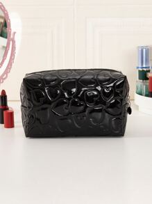 1 pieza Bolsa de maquillaje de cuero sintético negro con brillo con forma de corazón, neceser, neceser de maquillaje, esencial de viaje - Negro - Ver 2