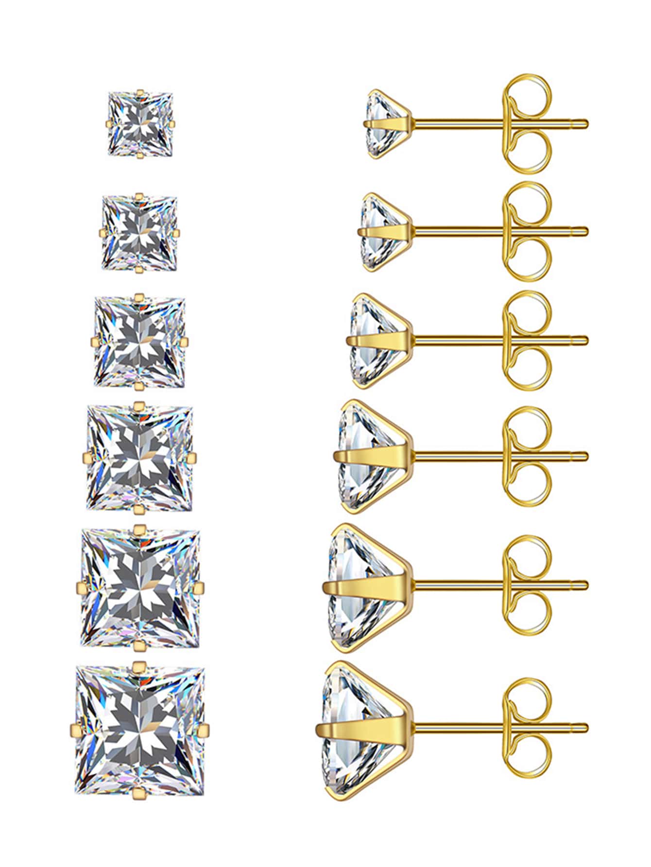 PMKMKM 1對不銹鋼四爪方形方晶鋯石耳釘適合男人及女人,簡約風和高貴風格 - 金色 - 查看 1