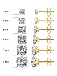 PMKMKM 1對不銹鋼四爪方形方晶鋯石耳釘適合男人及女人,簡約風和高貴風格 - 金色 - 查看 2