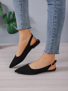 Elegant Black Slingback Flats For Women, Point Toe Faux Suede Flats - Black - View 2