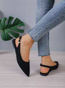 Elegant Black Slingback Flats For Women, Point Toe Faux Suede Flats - Black - View 6