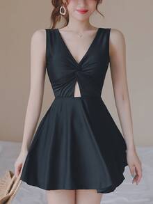 Solid Twist Front Tankini Summer Beach - Black - View 1