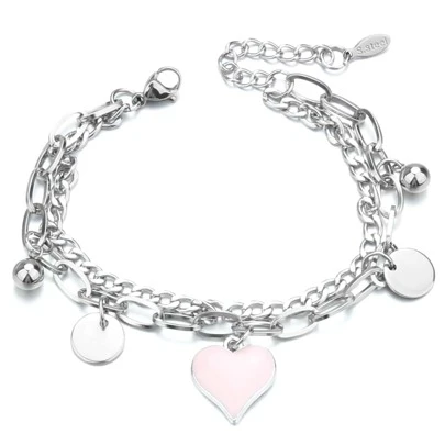 1 pieza Pulsera de cadena con colgante de corazón redondo de acero inoxidable de moda, para mujer, para decoración, regalo para San Valentín, mamá, madre, Día de la Madre