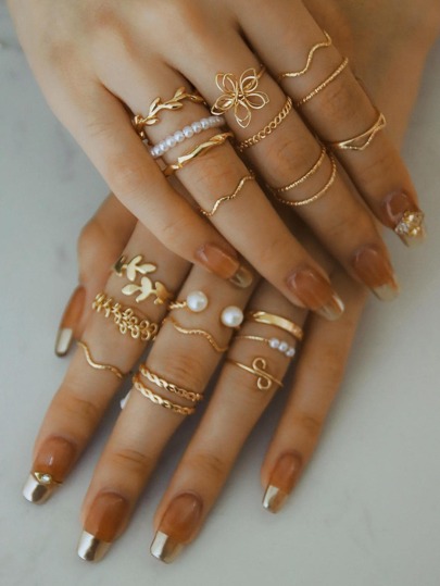 Set de 20 anillos con decoración de hojas, flores y perlas falsas de aleación de zinc de moda para mujeres, ideal como decoración, regalo para San Valentín, mamá, madre, Día de la Madre'