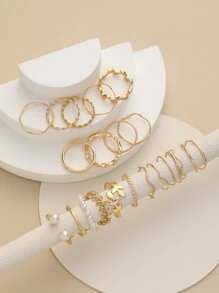 20 sztuk/zestaw Moda Stop cynkowy Liść Kwiat Sztuczna Perła Dekoracja Pierścień Dla Kobiet Do Dekoracji Prezent Walentynki, Mama, Matka, Dzień Matki, Prezent