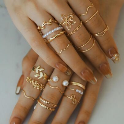 Set de 20 anillos con decoración de hojas, flores y perlas falsas de aleación de zinc de moda para mujeres, ideal como decoración, regalo para San Valentín, mamá, madre, Día de la Madre'