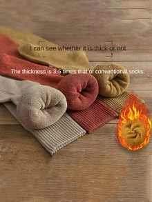 1pair Women's Thickened Winter Fleece Knee-high Socks In Red, Warm Black Long Socks - Red - View 5