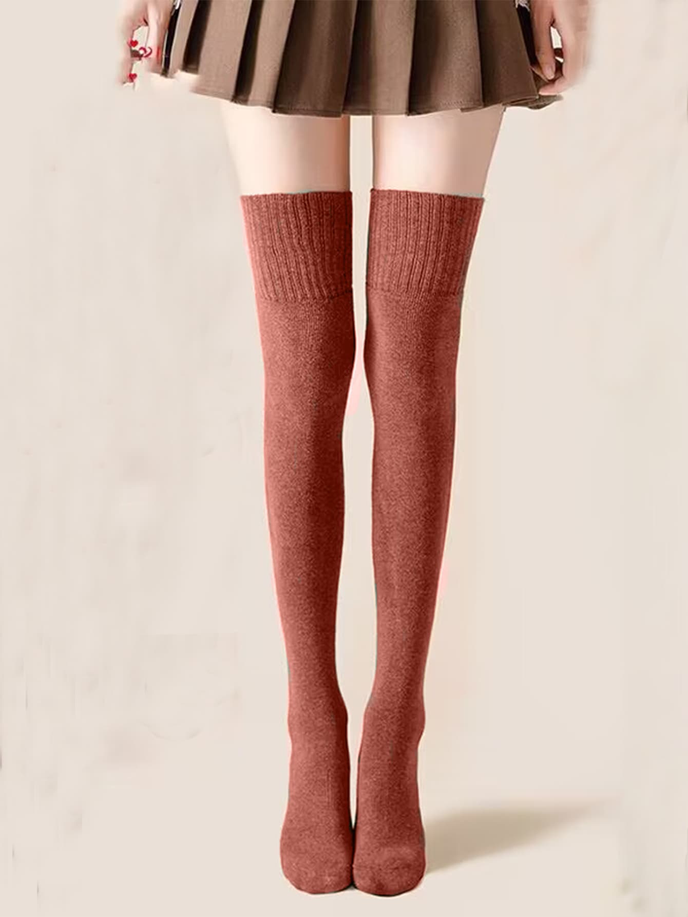 1pair Women's Thickened Winter Fleece Knee-high Socks In Red, Warm Black Long Socks - Red - View 1
