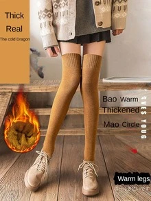 1pair Women's Thickened Winter Fleece Knee-high Socks In Red, Warm Black Long Socks - Red - View 2