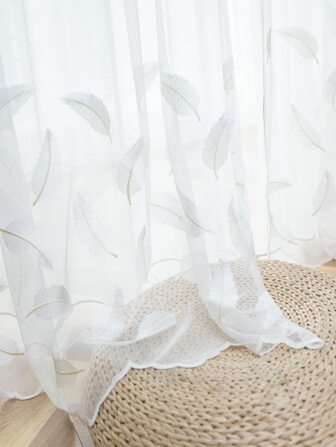 1pc White Dreamy Embroidered Feather Sheer Curtain Suitable For Bedroom And Living Room Decoration