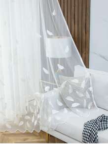 1pc White Dreamy Embroidered Feather Sheer Curtain Suitable For Bedroom And Living Room Decoration - White - View 2