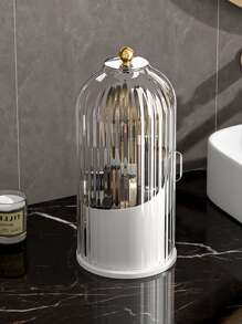 1pc Transparent Plastic Cosmetic Organizer With Rotatable Bird Cage Design For Lipstick, Eyeshadow, Foundation, Makeup Brush And Other Beauty Products Storage. Equipped With Cover To Protect Against Dust, Moisture, Fog And Bacterial Contamination. Sturdy Enough To Withstand Accidental Falls And Bumps.,For Holiday Beach, Bathroom Collection, Bedroom Collection, Large Capacity