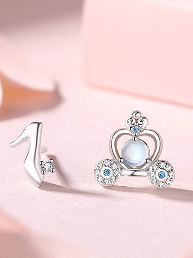 HuooNew 1ペア デザイン スタイル スターリングシルバー925 馬車 & クリスタル & シューズ 形 ピアス 付き はめ込み ダイヤモンド , A パーフェクト ギフト 用 女の子 - シルバー - 見る 3