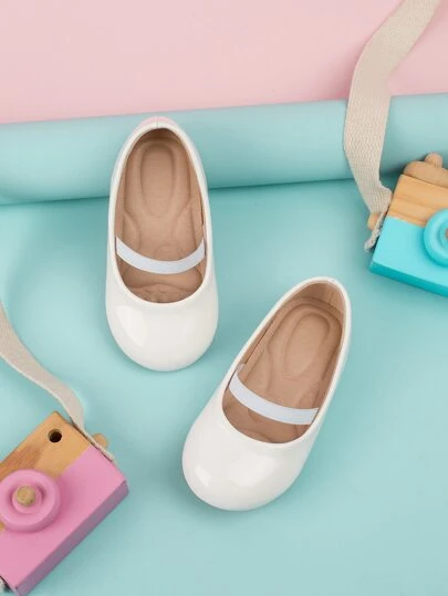 1pair Elastic Band & Massaging Shoe Pad Inside Plain Patent Leather Toddler Outdoor Anti-Slip Walking Shoes, Suitable For Spring And Summer