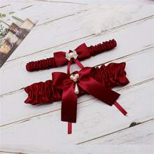 1雙歐美風格婚禮人造珍珠和水鑽裝飾吊帶襪帶緞面緞帶,蝴蝶結腿圈適合婚禮派對配件 - 酒紅色 - 查看 13