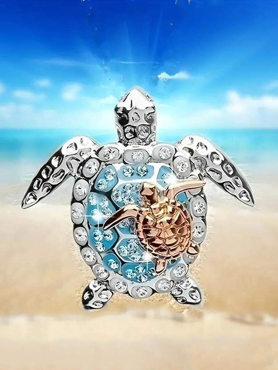 1pc Two-tone Turtle Animal Accessory Creative Turtle-shaped Beach Stone Jewelry Pendant Keychain Women's Decoration Accessory - Gold - View 1