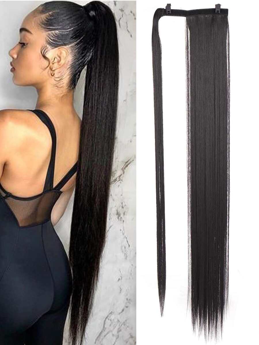 超長直筒馬尾合成纖維接髮 - 黑色 - 查看 1