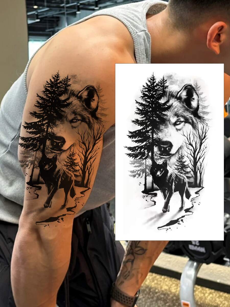 (Bao gồm một tờ) Hình xăm tạm thời chống nước thiết kế đầu sói, hình xăm cánh tay/lưng/thân, dành cho nam/nữ - màu đen - Xem 1