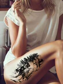 (Bao gồm một tờ) Hình xăm tạm thời chống nước thiết kế đầu sói, hình xăm cánh tay/lưng/thân, dành cho nam/nữ - màu đen - Xem 2