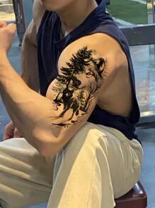 (Bao gồm một tờ) Hình xăm tạm thời chống nước thiết kế đầu sói, hình xăm cánh tay/lưng/thân, dành cho nam/nữ - màu đen - Xem 3