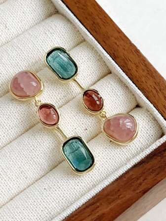 1 对时尚彩色拼接水晶石长款吊坠耳环女士奢华新款珠宝