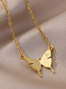 1入組女性金色不銹鋼歐美風格簡約風&甜美風蝴蝶和字母吊墜項鍊合適的適用於日常穿著 - 金黃色 - 查看 1