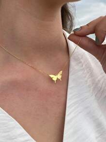 1入組女性金色不銹鋼歐美風格簡約風&甜美風蝴蝶和字母吊墜項鍊合適的適用於日常穿著 - 金黃色 - 查看 3