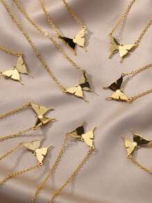 1入組女性金色不銹鋼歐美風格簡約風&甜美風蝴蝶和字母吊墜項鍊合適的適用於日常穿著 - 金黃色 - 查看 5