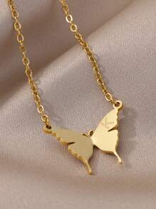 1入組女性金色不銹鋼歐美風格簡約風&甜美風蝴蝶和字母吊墜項鍊合適的適用於日常穿著 - 金黃色 - 查看 6