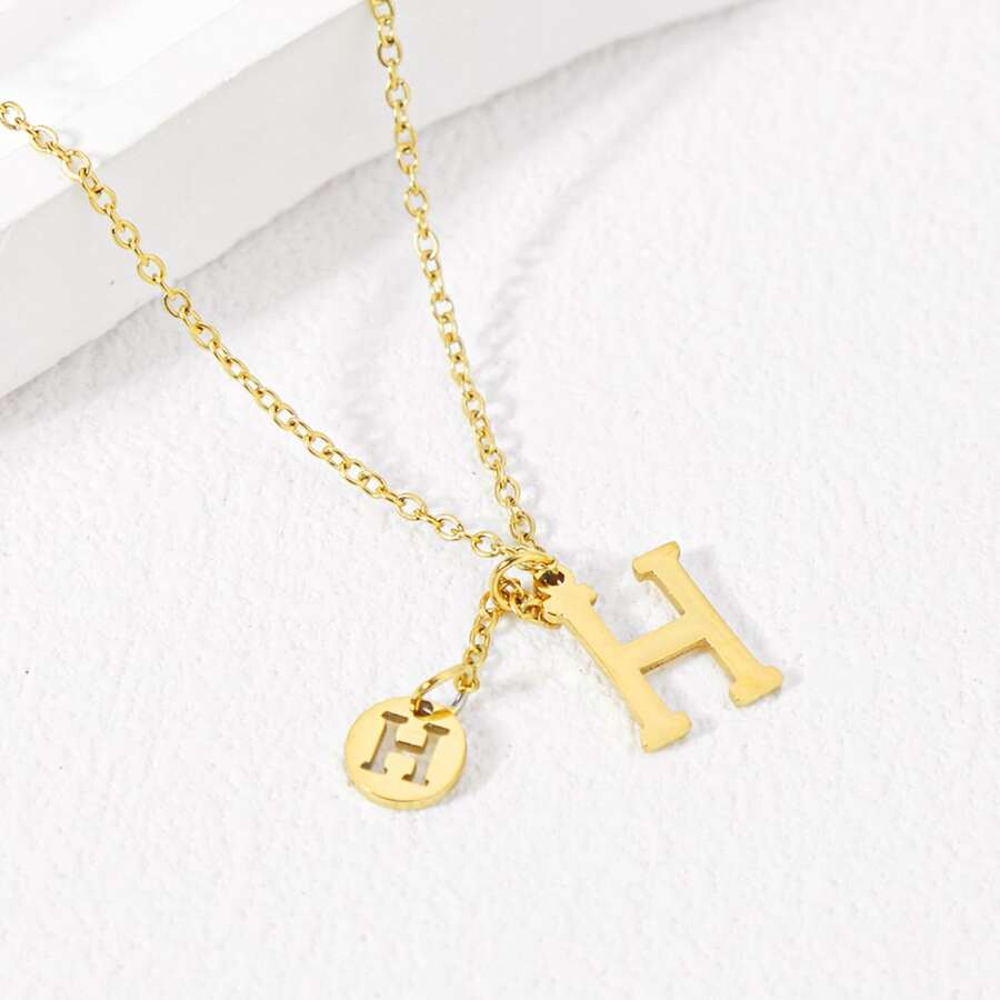 1pc Fine Chain With Glossy H Shaped Pendant And 2 Round Hollow Out Decor - Gold - View 1