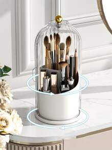 1pc Transparent Plastic Cosmetic Organizer With Rotatable Bird Cage Design For Lipstick, Eyeshadow, Foundation, Makeup Brush And Other Beauty Products Storage. Equipped With Cover To Protect Against Dust, Moisture, Fog And Bacterial Contamination. Sturdy Enough To Withstand Accidental Falls And Bumps.,For Holiday Beach, Bathroom Collection, Bedroom Collection, Large Capacity