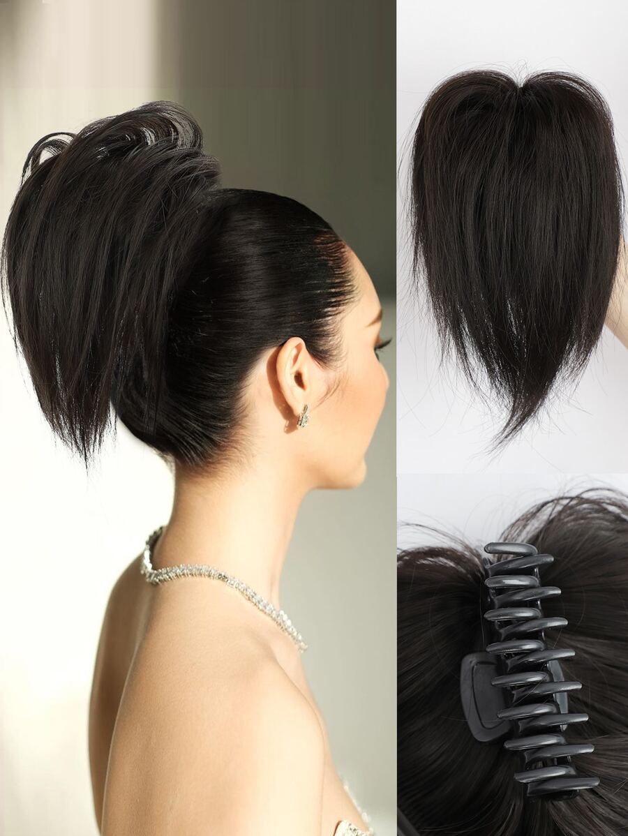 nimoki 凌乱发髻发片爪夹发髻波浪卷发髻女士接发凌乱发髻发髻爪夹马尾发片发圈带夹子适合日常使用（黑色） - 黑色 - 查看 1