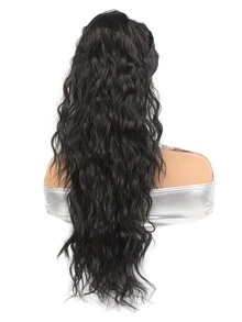 Long Curly Drawstring Ponytail Synthetic Ponytails for Women Water Wave Ponytail Clip in Hair Extensions for Daily Cosplay - Black - View 3