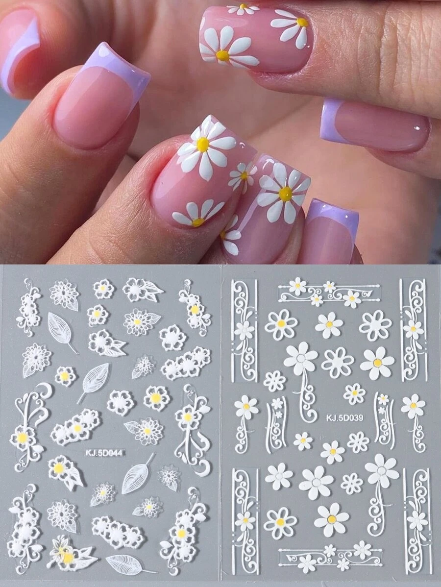 FULL BEAUTY 2入組白色花卉蕾絲5D壓花指甲貼貼花美甲裝飾 - 白色 - 查看 1