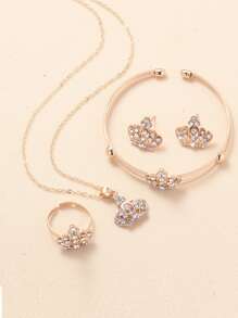 王冠設計時尚,多用途,休閒5入組首飾套裝適合女孩 - 金黃色 - 查看 2