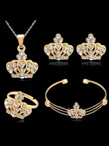 王冠設計時尚,多用途,休閒5入組首飾套裝適合女孩 - 金黃色 - 查看 1