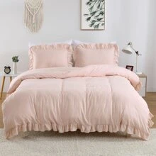 White Ruffled Duvet Cover Twin, 2PCS Soft Washed Microfiber Vintage French Country Duvet Cover Set for Kids Girls, White, 68x90 in