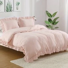 White Ruffled Duvet Cover Twin, 2PCS Soft Washed Microfiber Vintage French Country Duvet Cover Set for Kids Girls, White, 68x90 in
