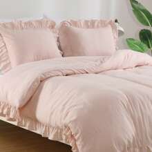 White Ruffled Duvet Cover Twin, 2PCS Soft Washed Microfiber Vintage French Country Duvet Cover Set for Kids Girls, White, 68x90 in